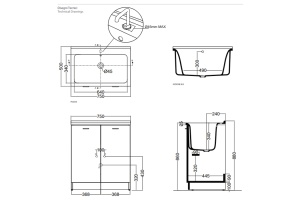 KERASAN Aquadom Комплект для постирочной 75х50см: база + раковина 0293 c 1 отв. под смеситель +выпуск с сифоном , цвет белый матовый - 2