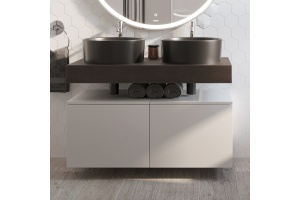 Столешница STWORKI Ольборг 100 дуб карпентер, без отверстий,  2 тумбы 50 + 2 раковины BOCCHI Vessel, черная