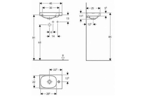 500.635.01.2 Раковина Acanto, асимметричная, 400 x 250 мм, с отверстием под смеситель справа, без перелива, цвет: белый 