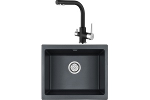 Комплект Мойка кухонная Paulmark Gera PM205546-BLM черный металлик + Смеситель Paulmark Essen Es213011-418 для кухонной мойки, черный металлик