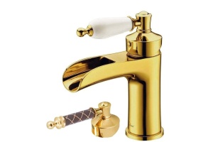 Смеситель для раковины Boheme Vogue золото с коричневой ручкой