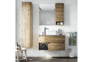 Мебель для ванной STWORKI Карлстад 90 дуб рустикальный, простоун беж, с отверстием для смесителя в столешнице