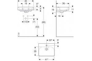 500.222.01.1 Geberit Smyle Square Раковина 45х36 см,  с отв. под смеситель, перелив асимметричный - 2