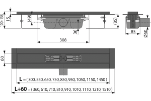 Водоотводящий желоб с порогами для перфорированной решетки, черный-мат горизонтальный сток, 850 мм, APZ1BLACK-850 - 2