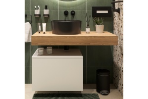 Столешница STWORKI Ольборг 100 дуб французский, без отверстий, с тумбой 60, с раковиной BOCCHI Vessel черной