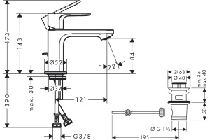 Смеситель для раковины Hansgrohe Rebris S с донным клапаном хром - 2