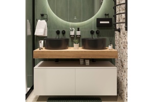 Столешница STWORKI Ольборг 120 дуб французский, без отверстий, 2 тумбы 60 + 2 раковины BOCCHI Vessel, черная