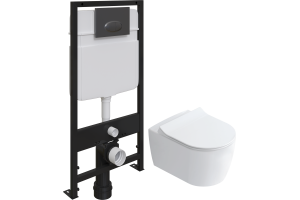 Комплект Унитаз подвесной STWORKI Ноттвиль SETK3104-2616 безободковый, с микролифтом + Система инсталляции для унитазов EWRIKA ProLT 0026-2020 с кнопкой смыва 0054 черной матовой