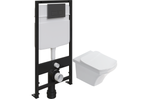 Комплект Унитаз подвесной STWORKI Хальмстад SETK2804-0606-001-1-6000 с микролифтом + Система инсталляции для унитазов EWRIKA ProLT 0026-2020 с кнопкой смыва 0044 черной матовой