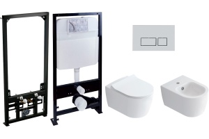 Комплект Унитаз подвесной STWORKI Ноттвиль SETK3104-2616 безободковый, с микролифтом + Инсталляция EWRIKA ProLT 0026-2020 с кнопкой смыва хром матовый + Биде подвесное STWORKI Ноттвиль + Инсталляция для биде AlcaPlast
