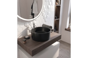 Столешница STWORKI Ольборг 80 дуб карпентер, без отверстий, с тумбой 80, с раковиной BOCCHI Vessel черной - 3