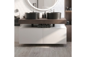 Столешница STWORKI Ольборг 120 дуб карпентер, без отверстий, 2 тумбы 60 + 2 раковины BOCCHI Vessel, черная