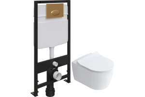 Комплект Унитаз подвесной STWORKI Ноттвиль SETK3104-2616 безободковый, с микролифтом + Система инсталляции для унитазов EWRIKA ProLT 0026-2020 с кнопкой смыва 0053 золото матовое