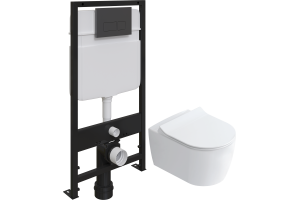 Комплект Унитаз подвесной STWORKI Ноттвиль SETK3104-2616 безободковый, с микролифтом + Система инсталляции для унитазов EWRIKA ProLT 0026-2020 с кнопкой смыва 0044 черной матовой