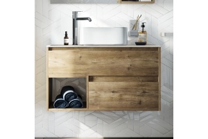Тумба с раковиной STWORKI Карлстад 90 дуб рустикальный, простоун беж, с отверстием для смесителя в столешнице