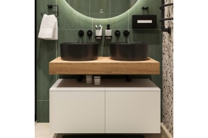 Столешница STWORKI Ольборг 100 дуб французский, без отверстий,  2 тумбы 50 + 2 раковины BOCCHI Vessel, черные