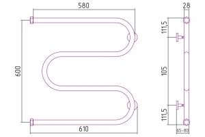 Полотенцесушитель водяной ВПС М-обр. 600х600 Н. Г. 1