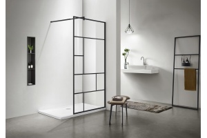 AQ WIW Print 10020BL Душевая перегородка Walk in, с держателем 1000x2000, профиль черный матовый, стекло прозрачное с черным принтом