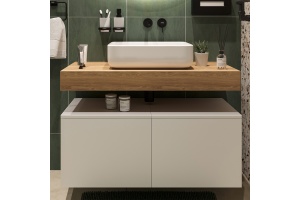 Столешница STWORKI Ольборг 100 дуб французский, без отверстий,  2 тумбы 50, с раковиной STWORKI Soul 1 белой