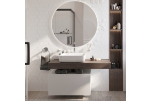 Мебель для ванной STWORKI Ольборг 120 столешница дуб карпентер, без отверстий, с тумбой 80, с раковиной STWORKI Soul 1 белой