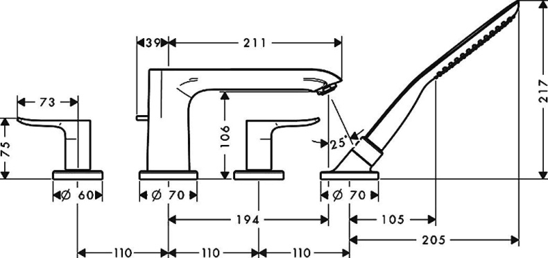 Смеситель Hansgrohe Metris 31442000 на борт ванны - 1