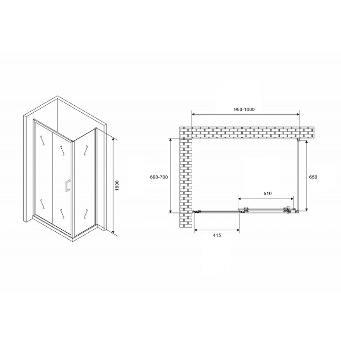 Душевой уголок Abber Schwarzer Diamant 100х70 черный стекло прозрачное AG30100B5-S70B5 - 1