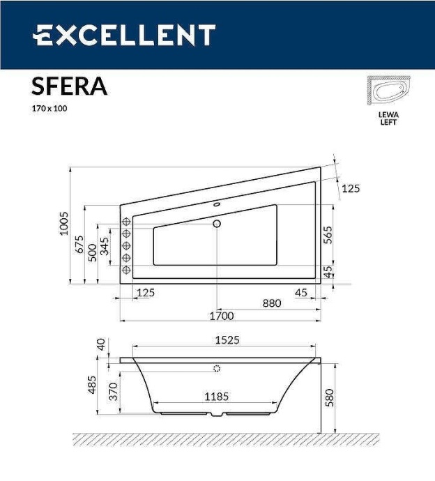 Акриловая ванна Excellent Sfera 170х100 левая белая золото с гидромассажем WAEX.SFL17.SMART.GL - 2