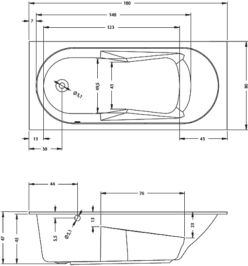 Акриловая ванна Riho Bathtubs Lazy 180x80 L B083001005 - 3