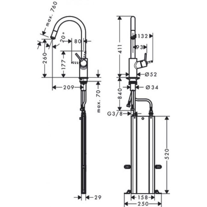 Кухонный смеситель однорычажный, 260, с вытяжным изливом, 1jet, sBox Hansgrohe 73864000 - 1