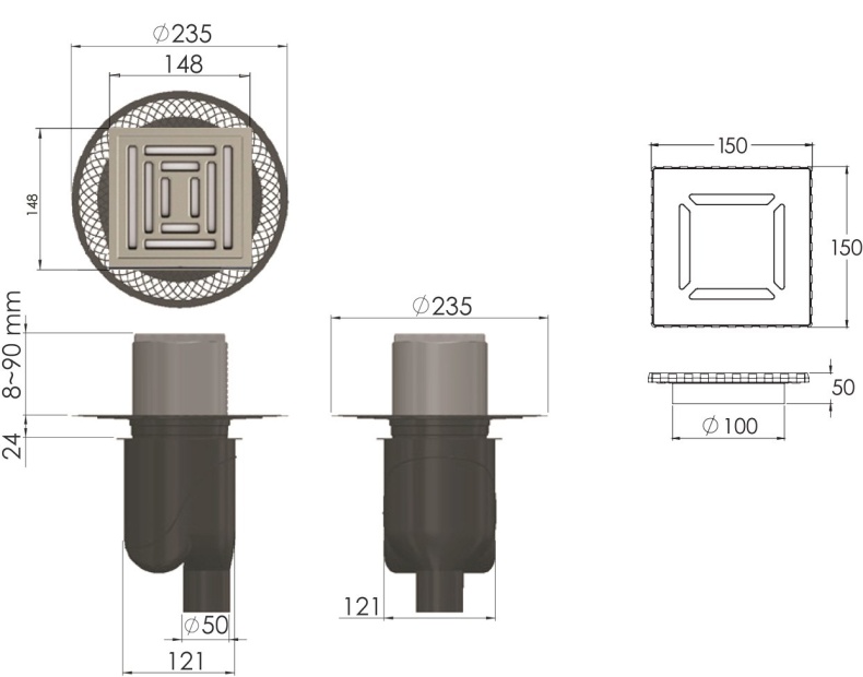 Душевой трап Berges Wasserhaus Platz Uno 10x10 см 090069 - 4