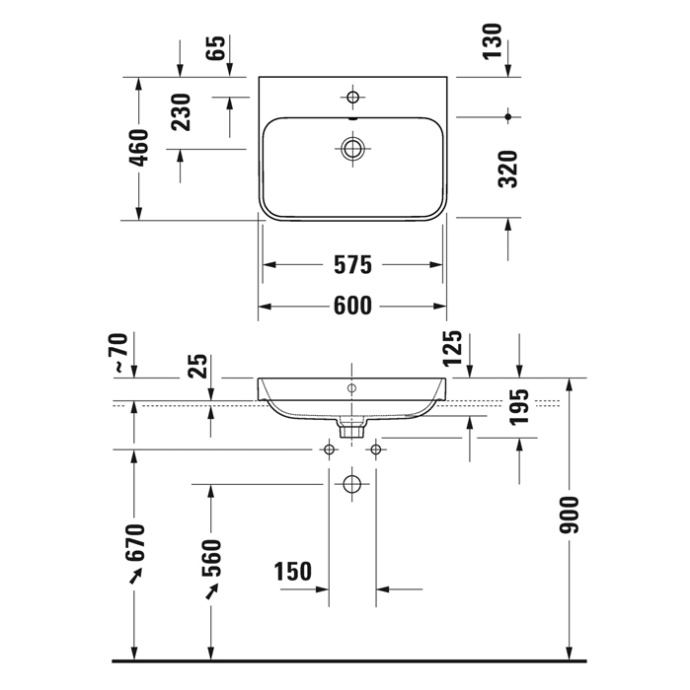 DURAVIT (Happy D.2 Plus) Умывальник 600 x 460 мм, с отверстием под смеситель, с клапаном Push-Open, цвет белый 2360600000 - 1