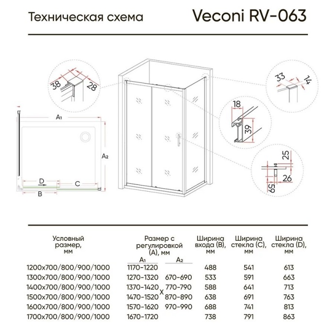 Душевой уголок Veconi Rovigo RV-063 140х90 профиль хром  RV063-14090PR-01-19C3 - 4