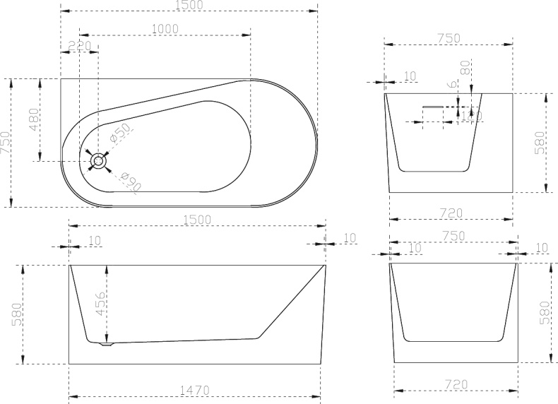 Акриловая ванна Abber 150x75 белый  AB9496-1.5 L - 3