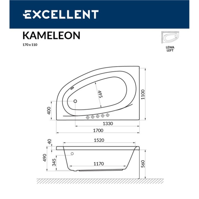 Акриловая ванна Excellent Kameleon 170x110 белая золото левая с гидромассажем WAEX.KML17.ULTRA.GL - 2