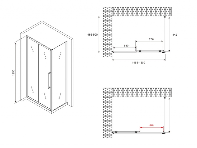 Душевой уголок Abber Schwarzer Diamant 150x50 профиль черный стекло прозрачное AG30150BH-S50B - 4