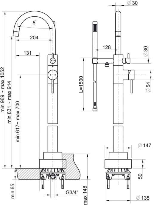 Смеситель для ванны с душем Paini Cox 78CR136LM напольный - 3