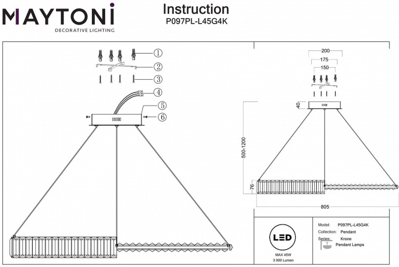 Подвесной светильник Maytoni Krone P097PL-L45G4K - 1
