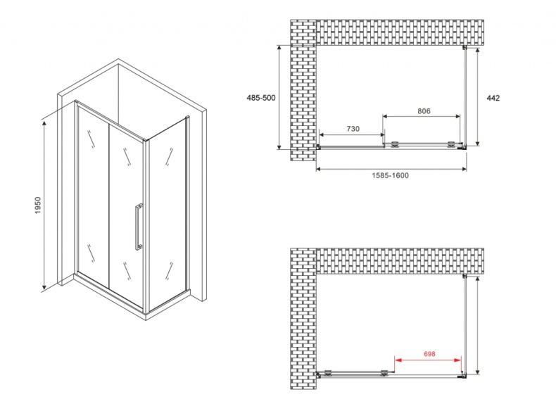 Душевой уголок Abber Schwarzer Diamant 160x50 профиль черный стекло прозрачное AG30160BH-S50B - 4