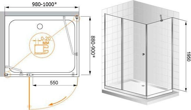 Душевой уголок Cezares Elena 90х100 хром стекло рифленое ELENA-W-AH-1-90/100-P-Cr-R - 6