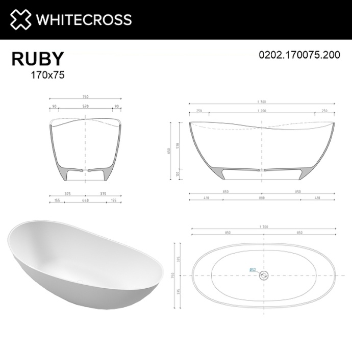 Ванна из литьевого мрамора Whitecross Ruby 170х75 белая матовая 0202.170075.200 - 3