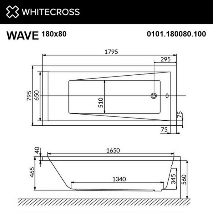 Акриловая ванна Whitecross Wave 180х80 белая золото с гидромассажем 0101.180080.100.RELAX.GL - 2