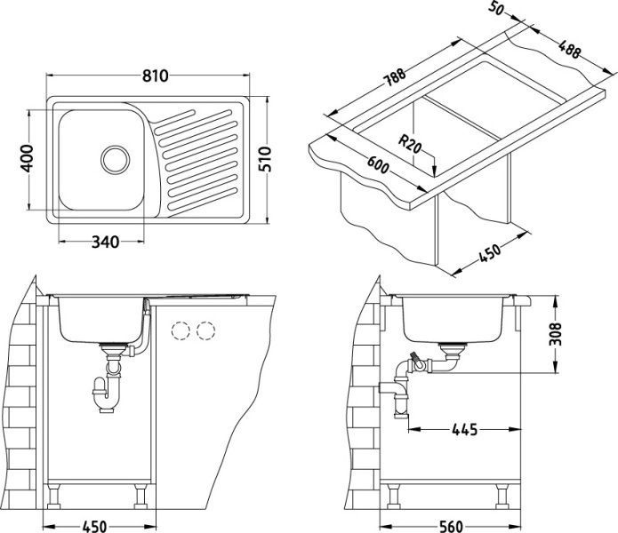 Мойка ELEGANT 30 SAT 90 FI 810X510 в комплекте с сифоном 1130551, 1126348 - 1