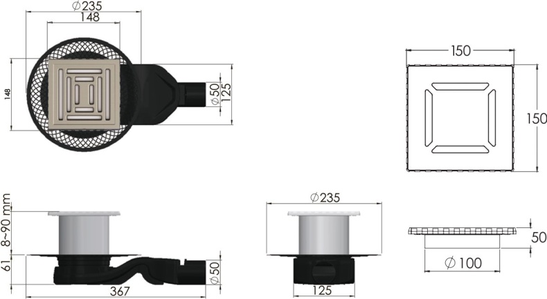 Душевой трап Berges Wasserhaus Platz Uno 15x15 см 090170 - 6