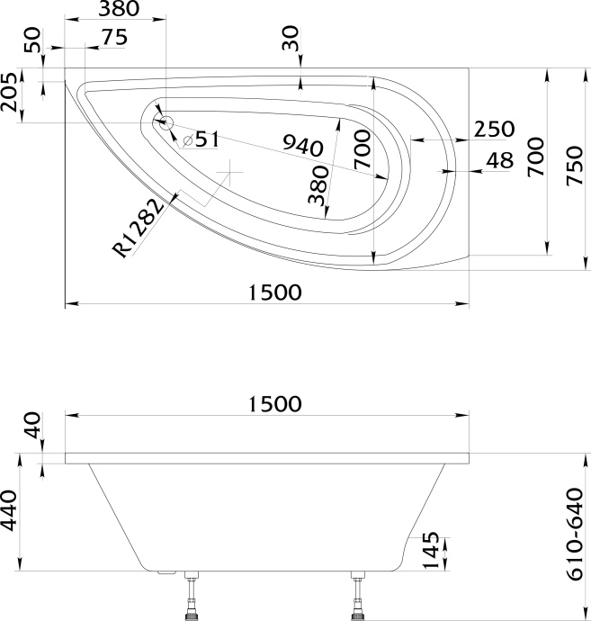 Акриловая ванна STWORKI Лунд 150х75, R 565431 - 3