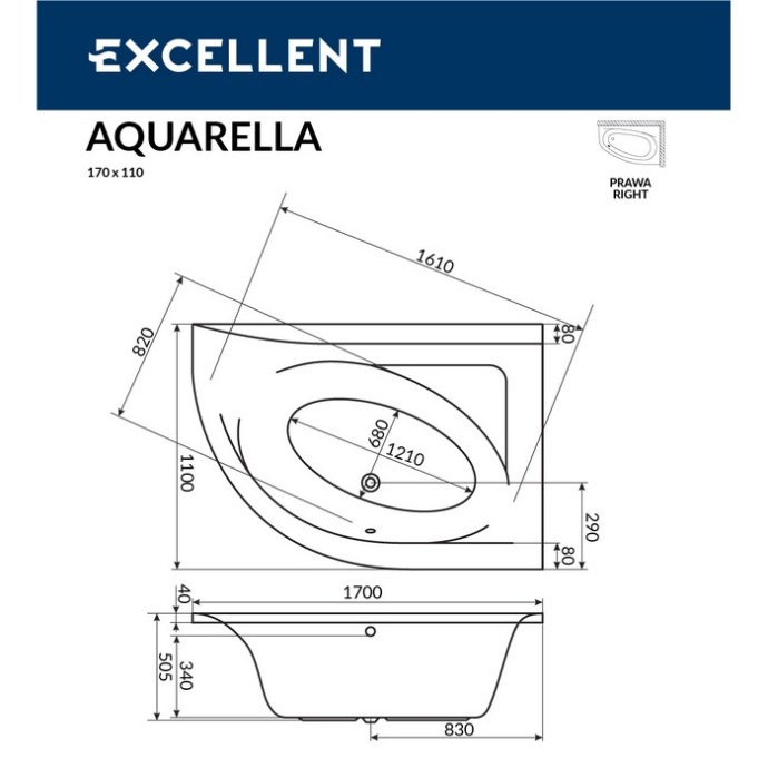 Ванна акриловая Excellent Aquaria Line 170x110 R с гидромассажем белый - золото WAEX.ARP17.LINE.GL - 7