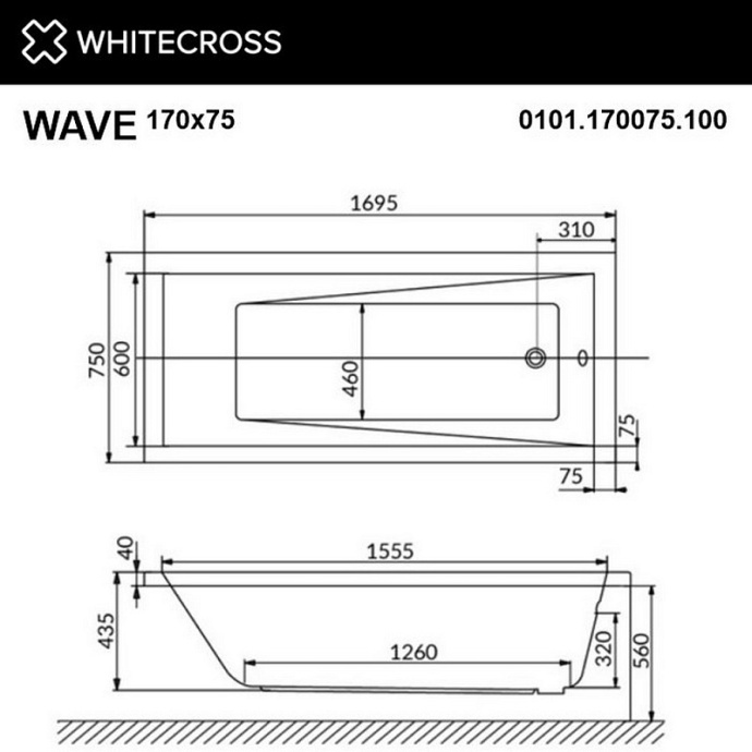 Акриловая ванна Whitecross Wave 170х75 белая хром с гидромассажем 0101.170075.100.NANO.CR - 1