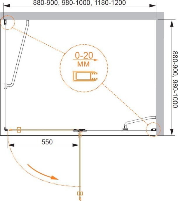 Душевой уголок Cezares Bergamo AH1 90/100 P Cr R BERGAMO-W-AH-1-90/100-P-Cr-R - 5
