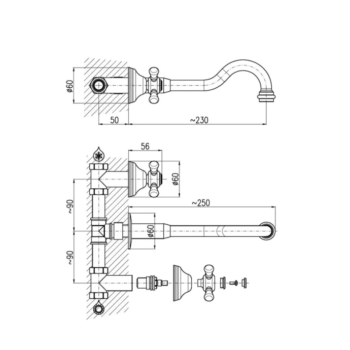 MK531SM MORAVA RETRO - смеситель для умывальника настенный, ЦВЕТ БРОНЗА - 1