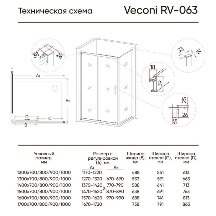 Душевой уголок Veconi Rovigo RV-063 160х100 профиль хром  RV063-160100PR-01-19C3 - 4