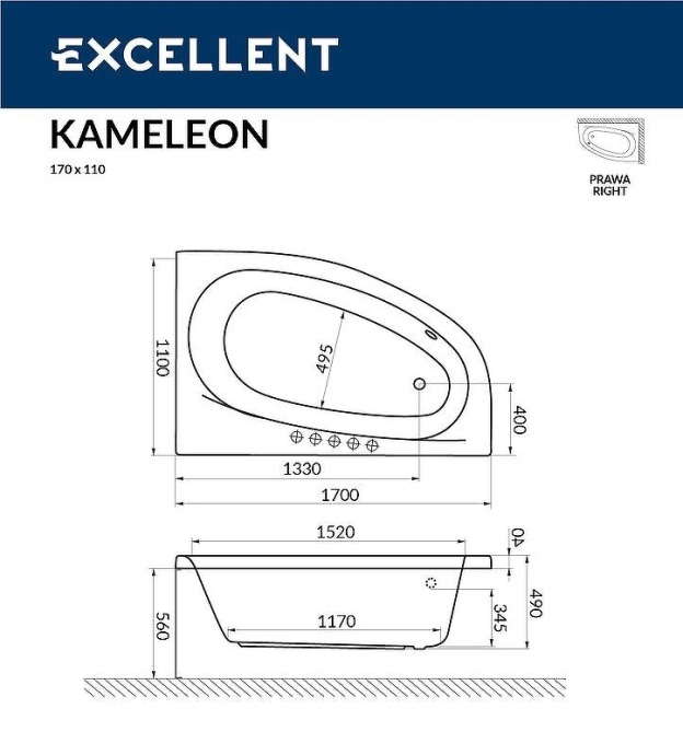 Акриловая ванна Excellent Kameleon 170x110 белая золото правая с гидромассажем WAEX.KMP17.LINE.GL - 2